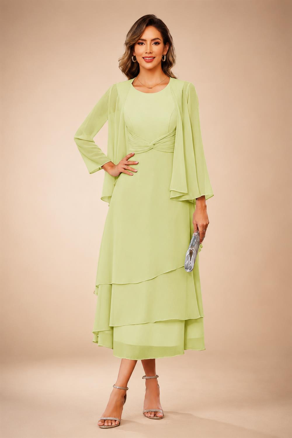 A-Line/Princess Pleated Two-Piece Tea-Length Mother of the Bride Dresses with Cascading Ruffles (SHI22500054)