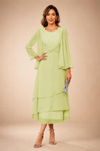 A-Line/Princess Pleated Two-Piece Tea-Length Mother of the Bride Dresses with Cascading Ruffles (SHI22500054)