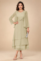 A-Line/Princess Pleated Two-Piece Tea-Length Mother of the Bride Dresses with Cascading Ruffles (SHI22500054)