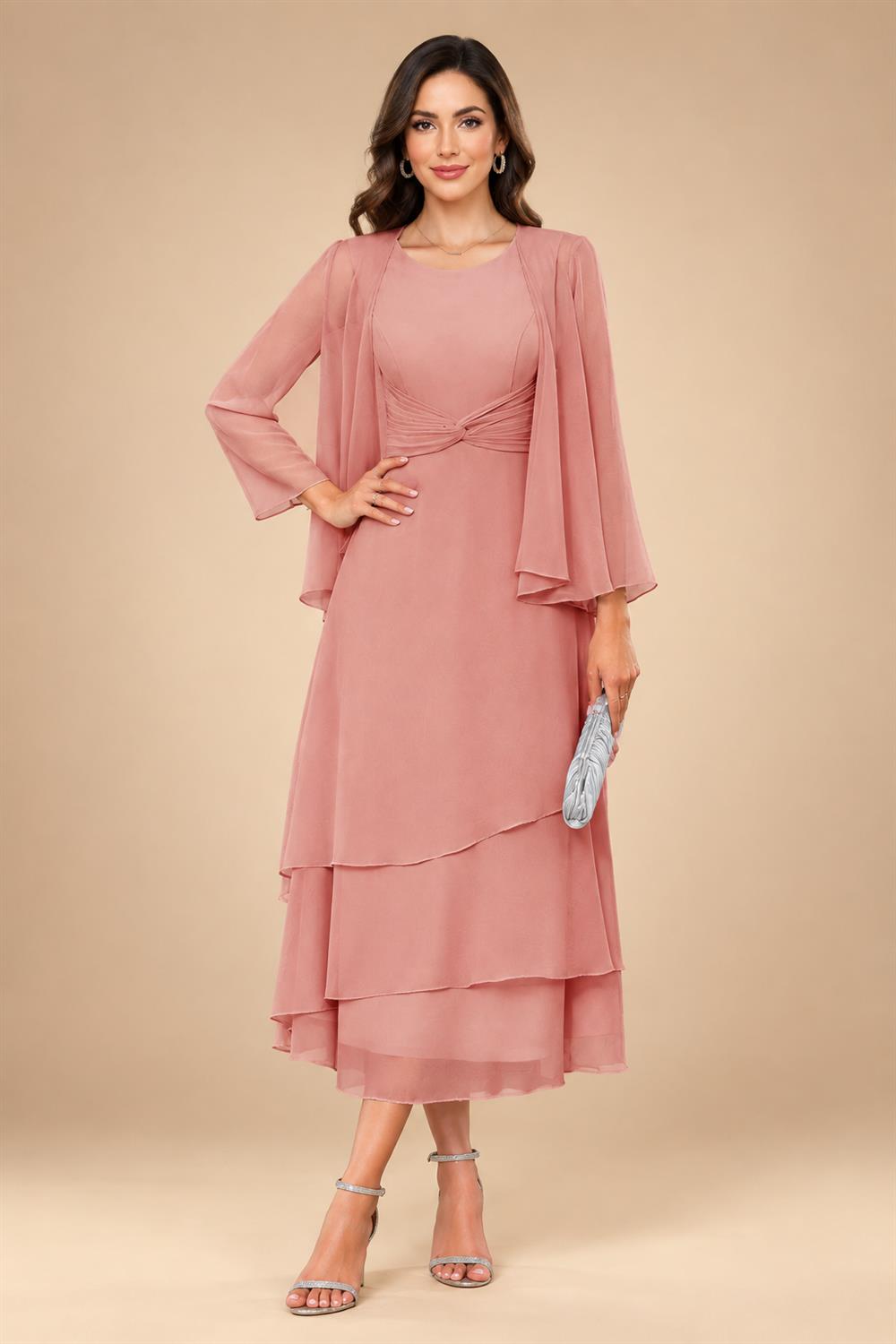 A-Line/Princess Pleated Two-Piece Tea-Length Mother of the Bride Dresses with Cascading Ruffles (SHI22500054)