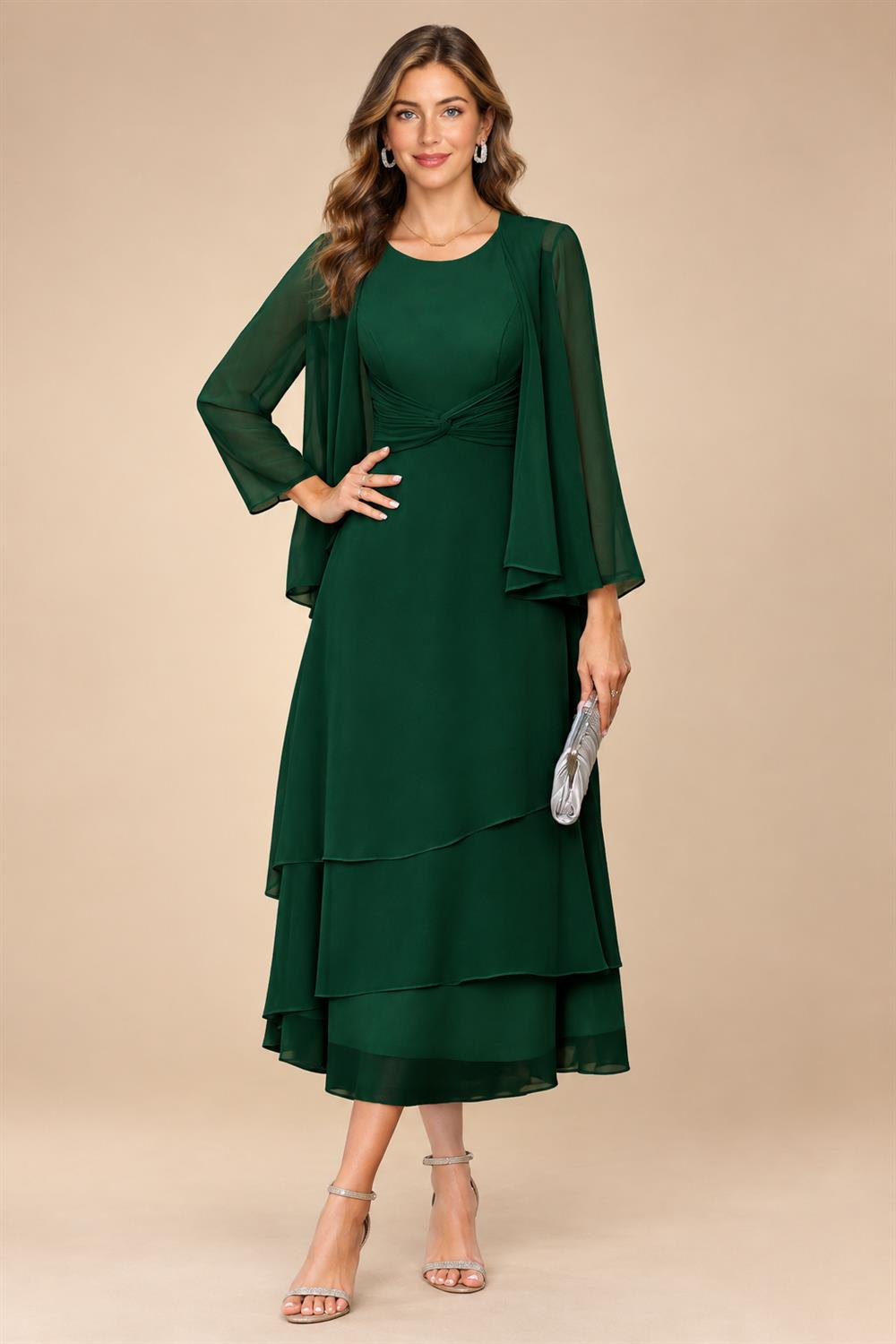 A-Line/Princess Pleated Two-Piece Tea-Length Mother of the Bride Dresses with Cascading Ruffles (SHI22500054)