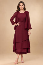 A-Line/Princess Pleated Two-Piece Tea-Length Mother of the Bride Dresses with Cascading Ruffles (SHI22500054)