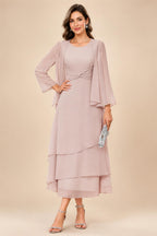 A-Line/Princess Pleated Two-Piece Tea-Length Mother of the Bride Dresses with Cascading Ruffles (SHI22500054)