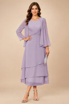 A-Line/Princess Pleated Two-Piece Tea-Length Mother of the Bride Dresses with Cascading Ruffles (SHI22500054)