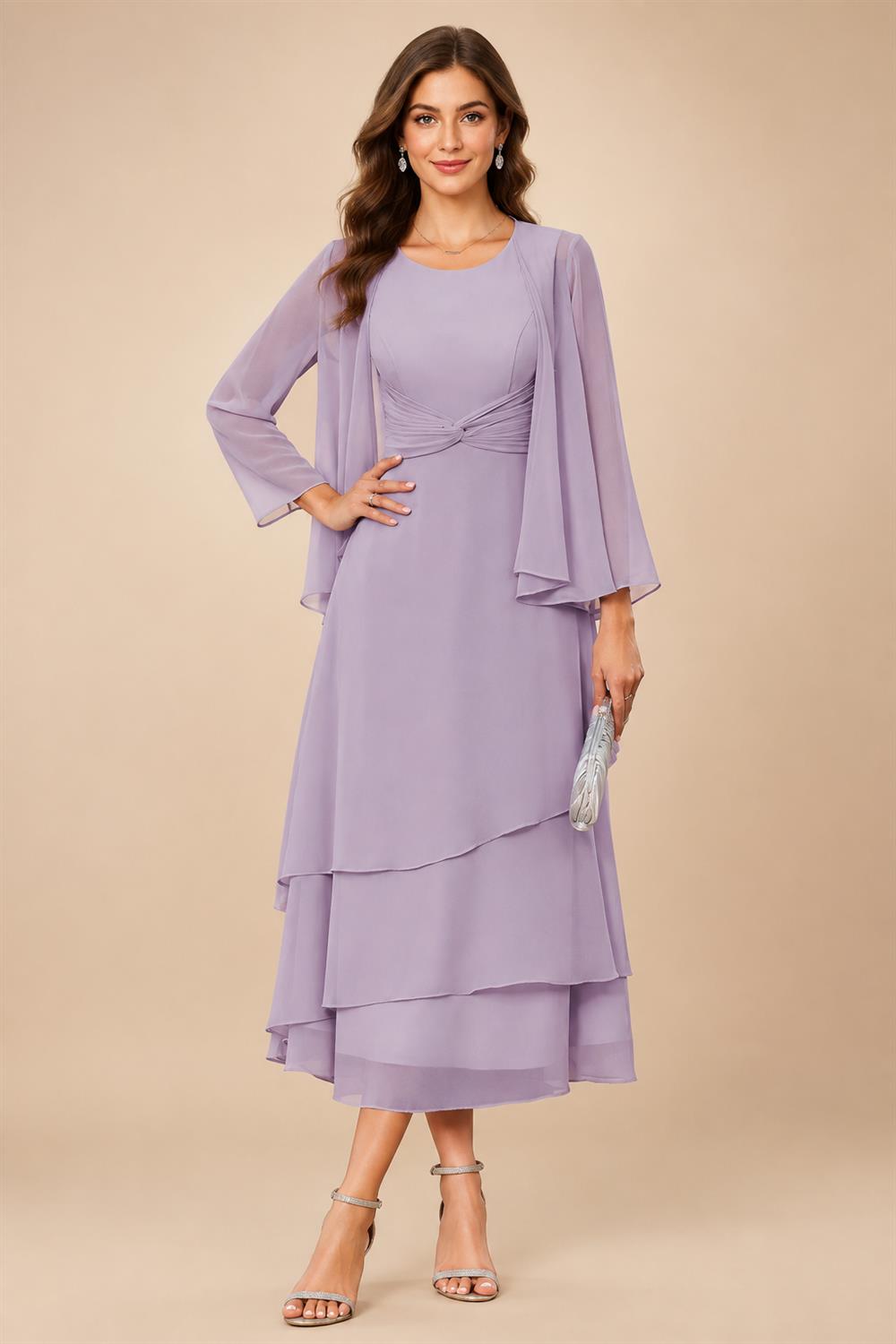 A-Line/Princess Pleated Two-Piece Tea-Length Mother of the Bride Dresses with Cascading Ruffles (SHI22500054)