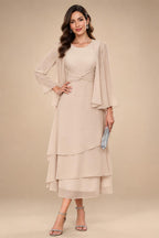 A-Line/Princess Pleated Two-Piece Tea-Length Mother of the Bride Dresses with Cascading Ruffles (SHI22500054)