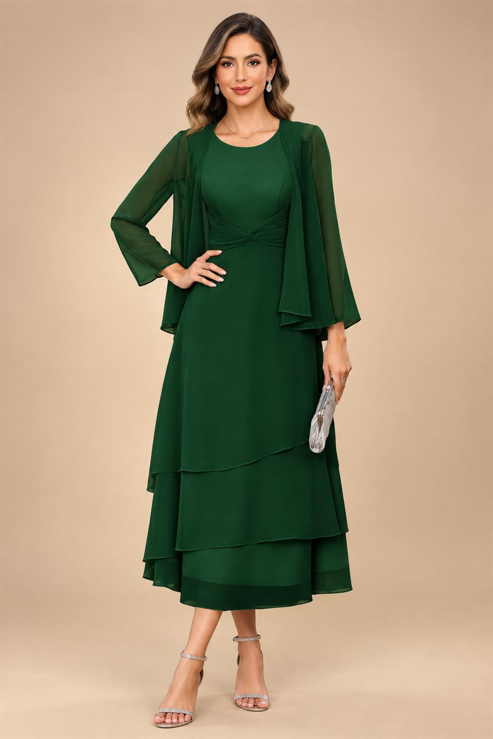 A-Line/Princess Pleated Two-Piece Tea-Length Mother of the Bride Dresses with Cascading Ruffles (SHI22500054)