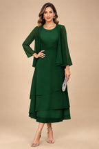 A-Line/Princess Pleated Two-Piece Tea-Length Mother of the Bride Dresses with Cascading Ruffles (SHI22500054)