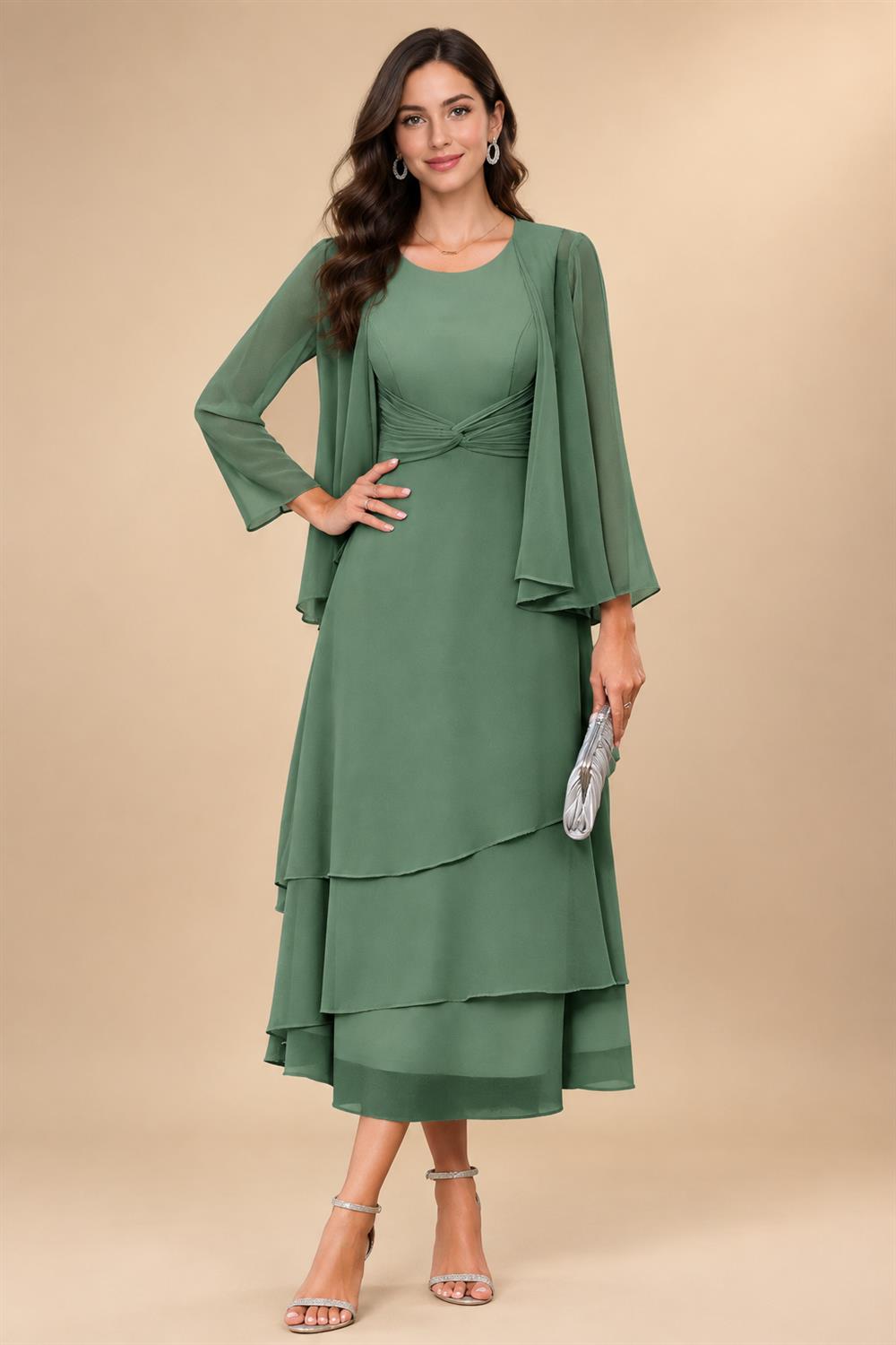 A-Line/Princess Pleated Two-Piece Tea-Length Mother of the Bride Dresses with Cascading Ruffles (SHI22500054)