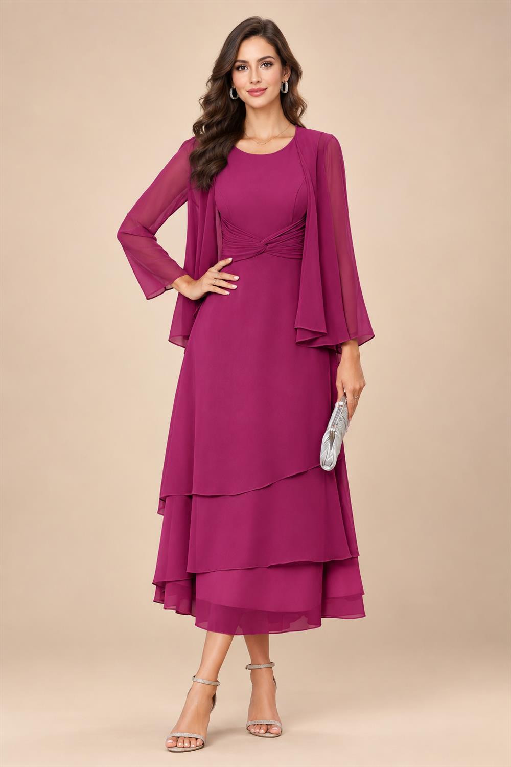 A-Line/Princess Pleated Two-Piece Tea-Length Mother of the Bride Dresses with Cascading Ruffles (SHI22500054)