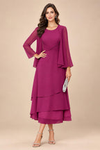 A-Line/Princess Pleated Two-Piece Tea-Length Mother of the Bride Dresses with Cascading Ruffles (SHI22500054)