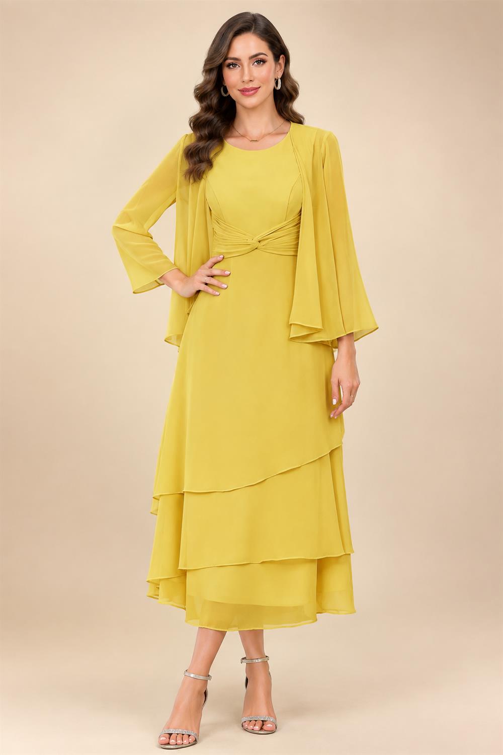 A-Line/Princess Pleated Two-Piece Tea-Length Mother of the Bride Dresses with Cascading Ruffles (SHI22500054)