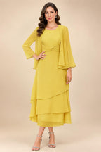 A-Line/Princess Pleated Two-Piece Tea-Length Mother of the Bride Dresses with Cascading Ruffles (SHI22500054)