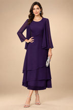 A-Line/Princess Pleated Two-Piece Tea-Length Mother of the Bride Dresses with Cascading Ruffles (SHI22500054)