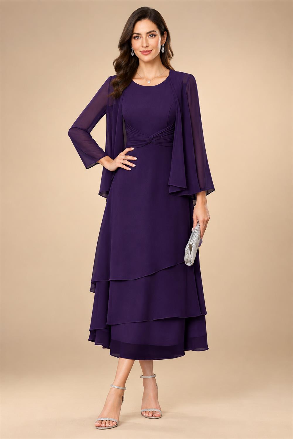 A-Line/Princess Pleated Two-Piece Tea-Length Mother of the Bride Dresses with Cascading Ruffles (SHI22500054)