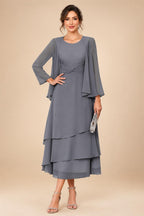 A-Line/Princess Pleated Two-Piece Tea-Length Mother of the Bride Dresses with Cascading Ruffles (SHI22500054)