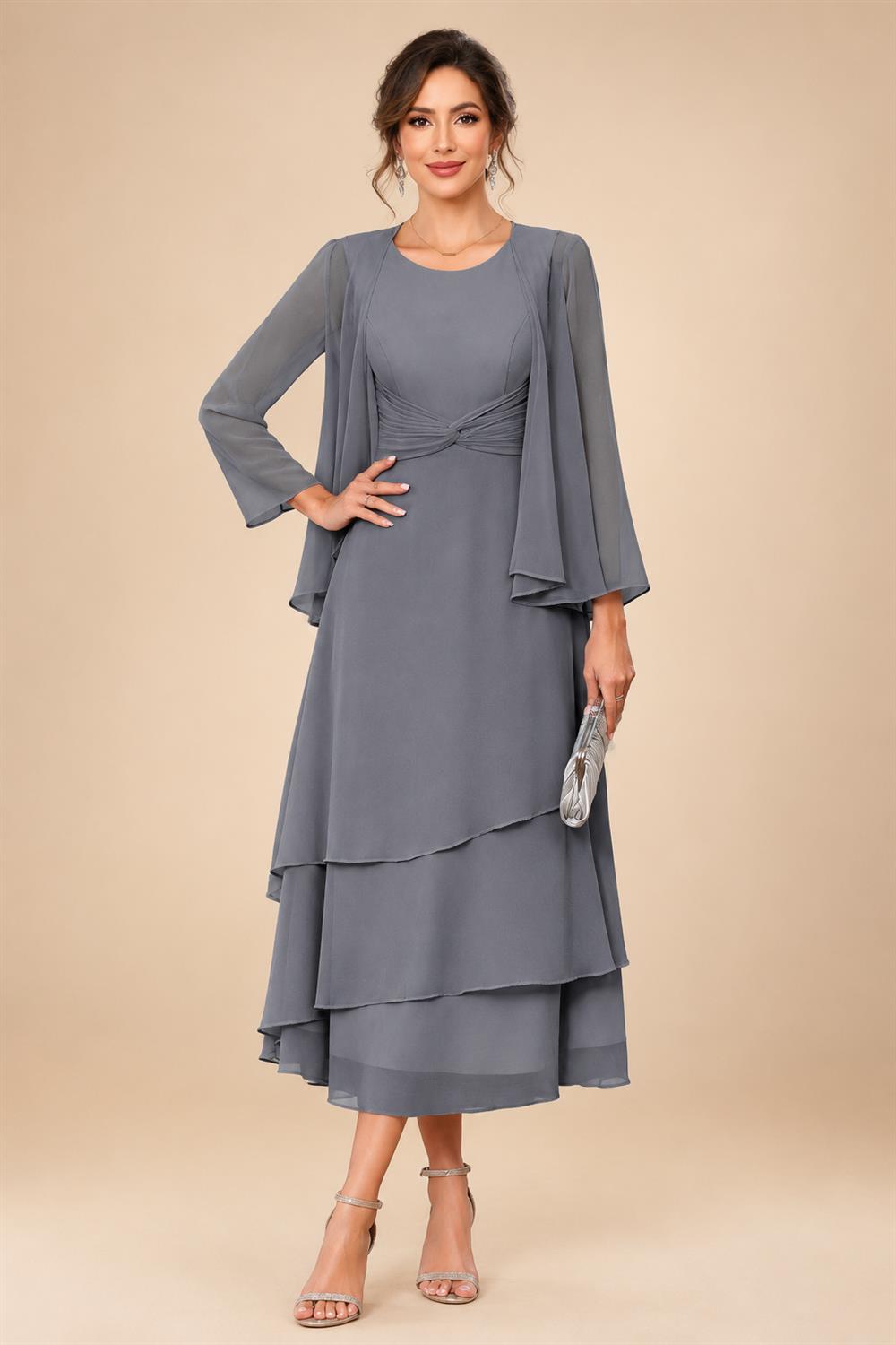 A-Line/Princess Pleated Two-Piece Tea-Length Mother of the Bride Dresses with Cascading Ruffles (SHI22500054)