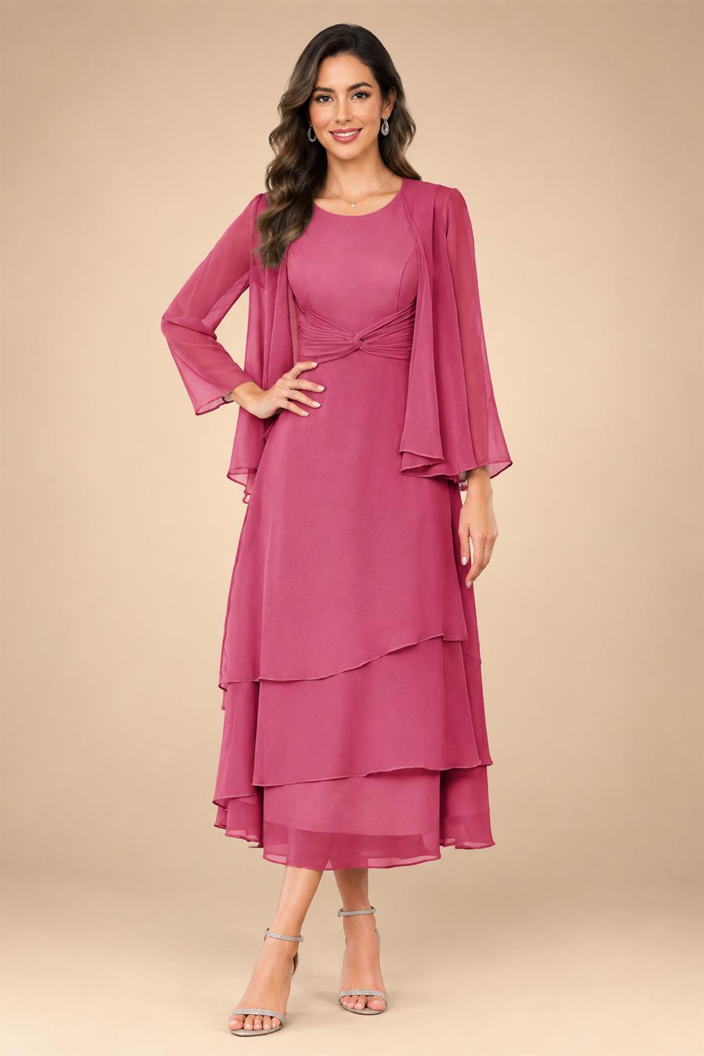 A-Line/Princess Pleated Two-Piece Tea-Length Mother of the Bride Dresses with Cascading Ruffles (SHI22500054)