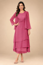 A-Line/Princess Pleated Two-Piece Tea-Length Mother of the Bride Dresses with Cascading Ruffles (SHI22500054)