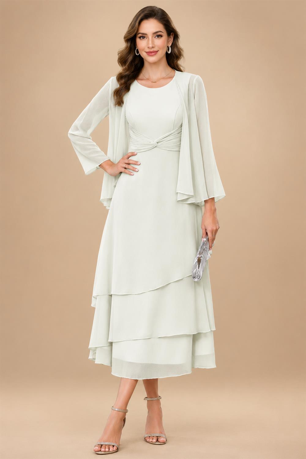 A-Line/Princess Pleated Two-Piece Tea-Length Mother of the Bride Dresses with Cascading Ruffles (SHI22500054)
