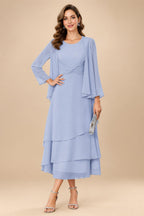 A-Line/Princess Pleated Two-Piece Tea-Length Mother of the Bride Dresses with Cascading Ruffles (SHI22500054)