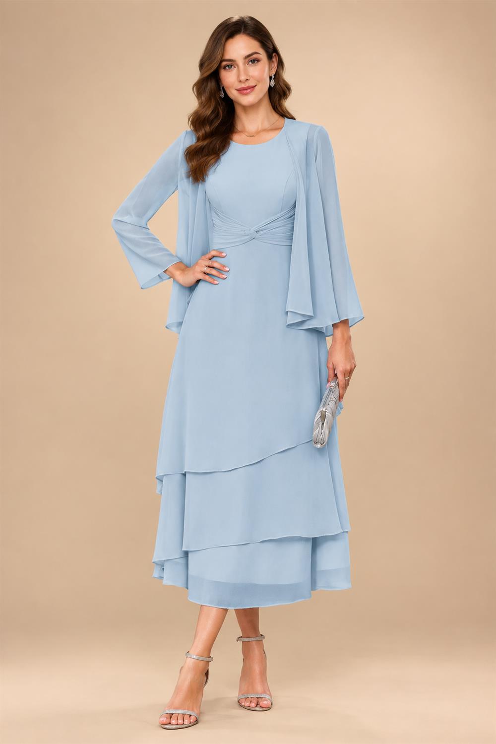 A-Line/Princess Pleated Two-Piece Tea-Length Mother of the Bride Dresses with Cascading Ruffles (SHI22500054)