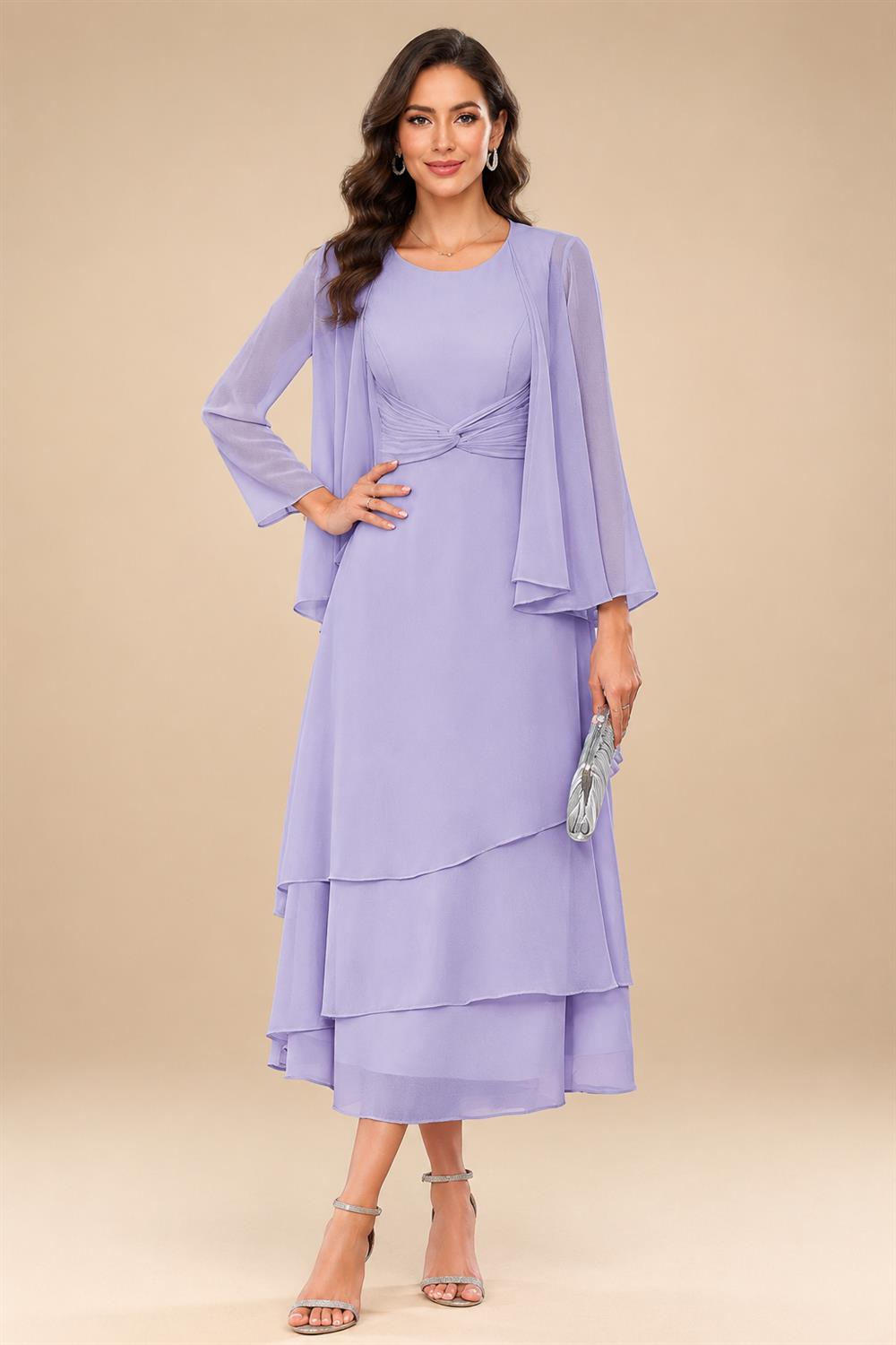 A-Line/Princess Pleated Two-Piece Tea-Length Mother of the Bride Dresses with Cascading Ruffles (SHI22500054)