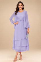 A-Line/Princess Pleated Two-Piece Tea-Length Mother of the Bride Dresses with Cascading Ruffles (SHI22500054)