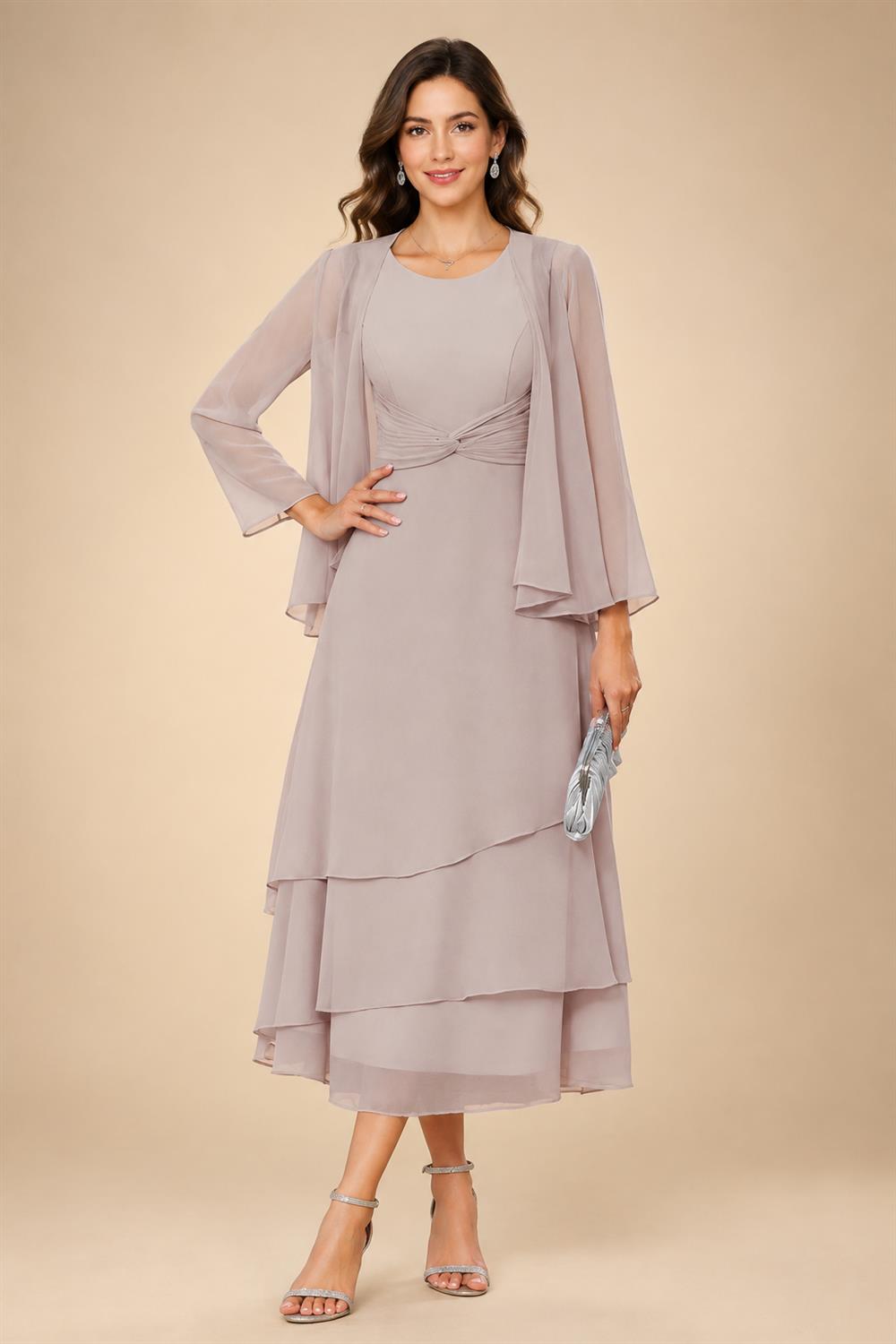 A-Line/Princess Pleated Two-Piece Tea-Length Mother of the Bride Dresses with Cascading Ruffles (SHI22500054)
