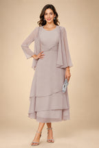 A-Line/Princess Pleated Two-Piece Tea-Length Mother of the Bride Dresses with Cascading Ruffles (SHI22500054)