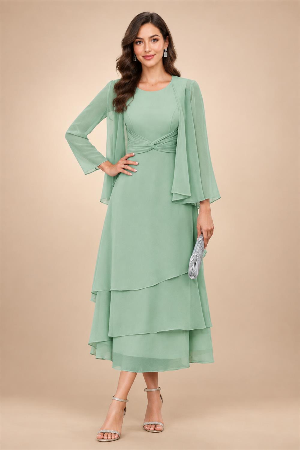 A-Line/Princess Pleated Two-Piece Tea-Length Mother of the Bride Dresses with Cascading Ruffles (SHI22500054)