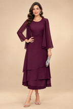 A-Line/Princess Pleated Two-Piece Tea-Length Mother of the Bride Dresses with Cascading Ruffles (SHI22500054)