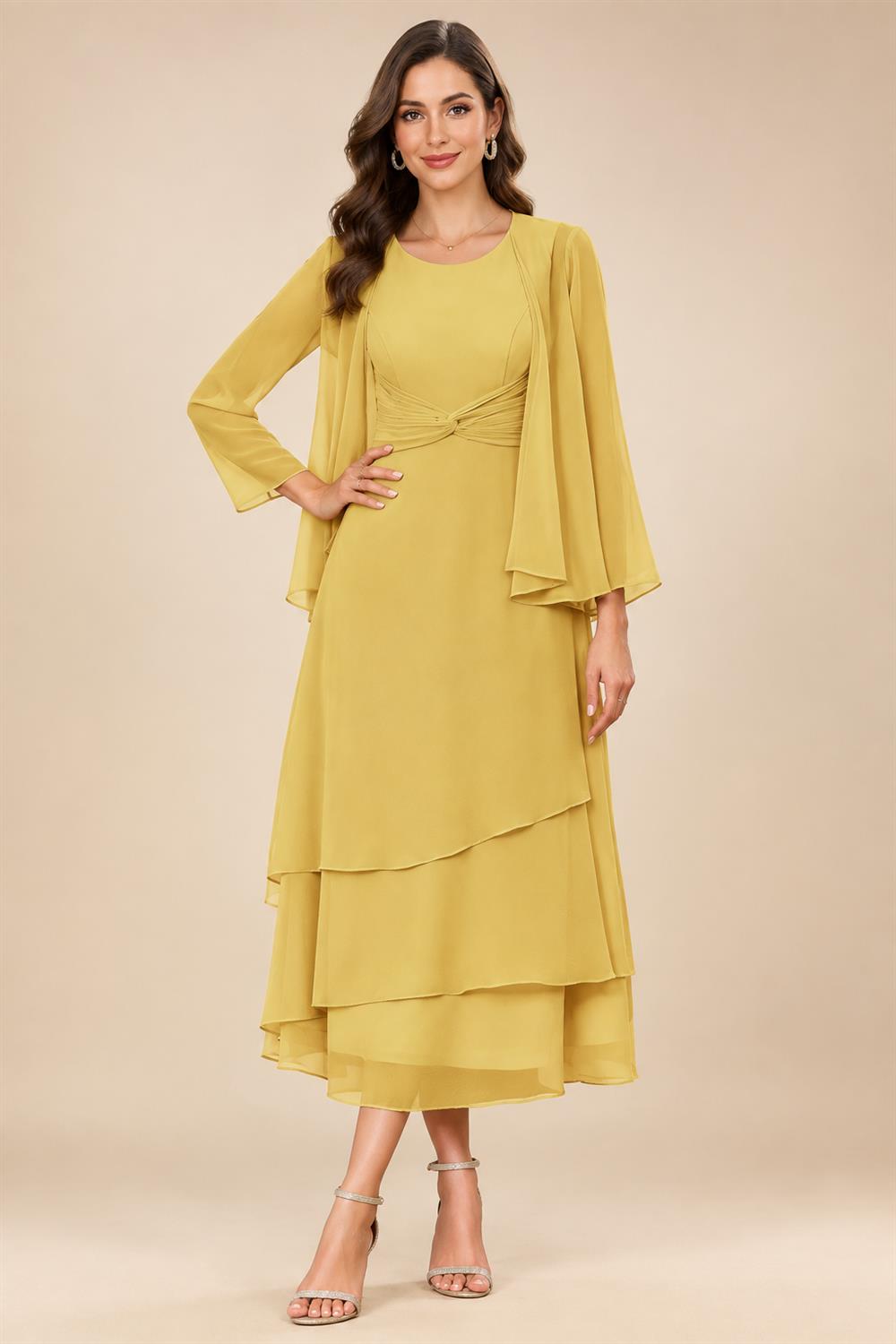 A-Line/Princess Pleated Two-Piece Tea-Length Mother of the Bride Dresses with Cascading Ruffles (SHI22500054)