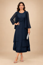 A-Line/Princess Pleated Two-Piece Tea-Length Mother of the Bride Dresses with Cascading Ruffles (SHI22500054)