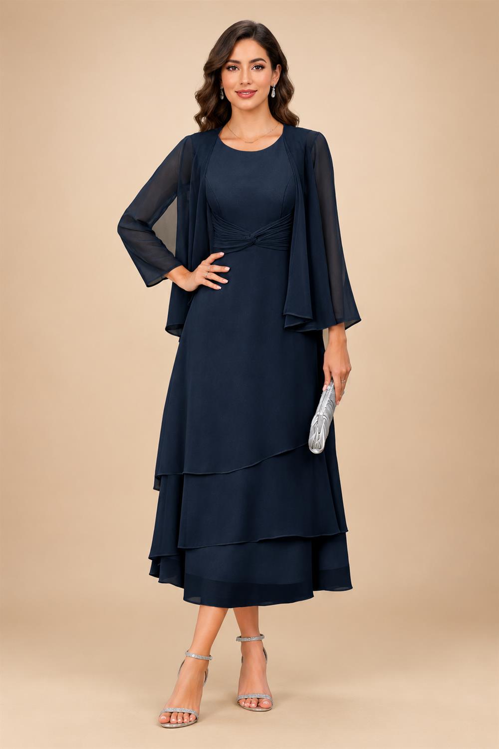 A-Line/Princess Pleated Two-Piece Tea-Length Mother of the Bride Dresses with Cascading Ruffles (SHI22500054)