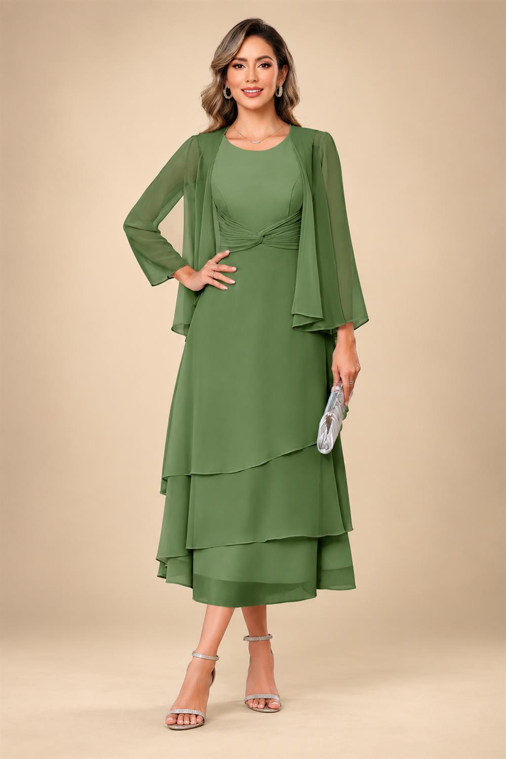 A-Line/Princess Pleated Two-Piece Tea-Length Mother of the Bride Dresses with Cascading Ruffles (SHI22500054)