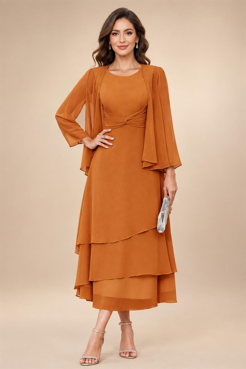A-Line/Princess Pleated Two-Piece Tea-Length Mother of the Bride Dresses with Cascading Ruffles (SHI22500054)
