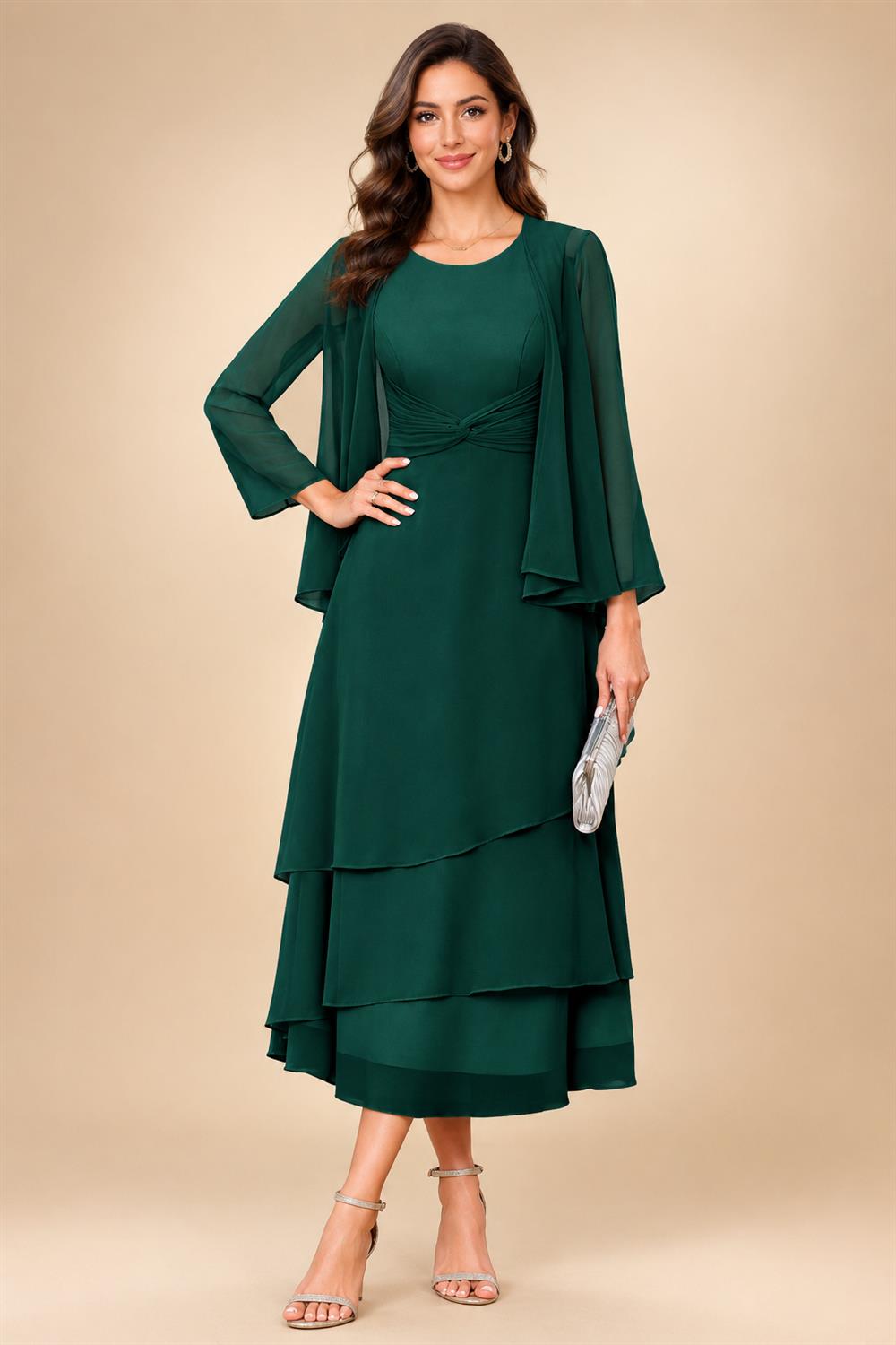 A-Line/Princess Pleated Two-Piece Tea-Length Mother of the Bride Dresses with Cascading Ruffles (SHI22500054)