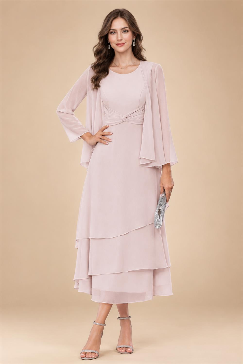 A-Line/Princess Pleated Two-Piece Tea-Length Mother of the Bride Dresses with Cascading Ruffles (SHI22500054)