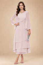 A-Line/Princess Pleated Two-Piece Tea-Length Mother of the Bride Dresses with Cascading Ruffles (SHI22500054)