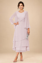 A-Line/Princess Pleated Two-Piece Tea-Length Mother of the Bride Dresses with Cascading Ruffles (SHI22500054)