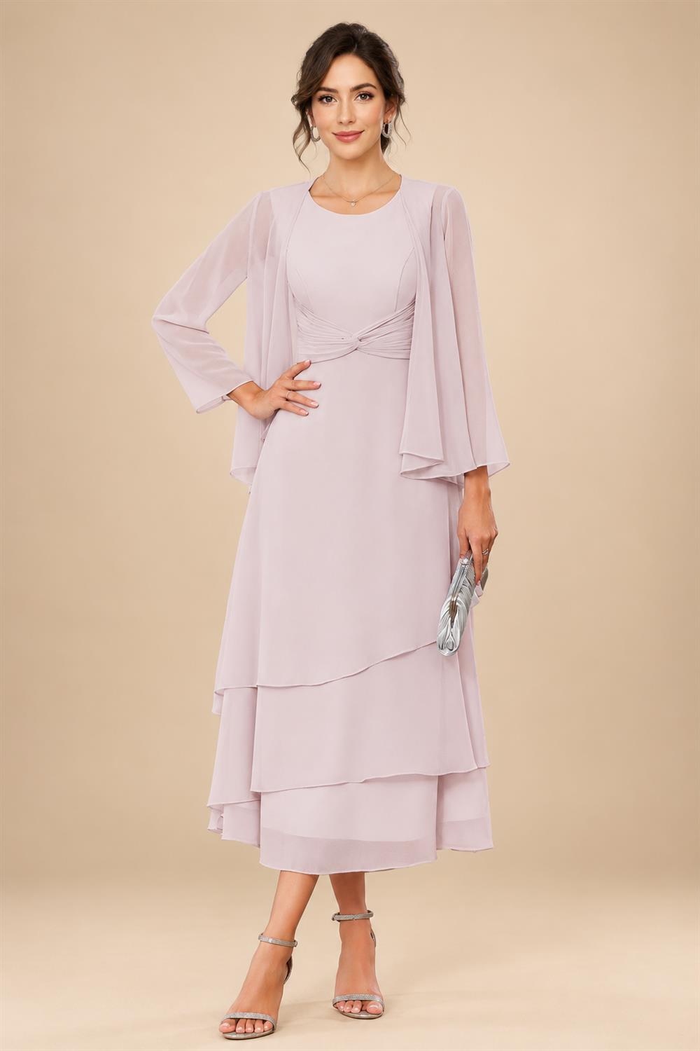 A-Line/Princess Pleated Two-Piece Tea-Length Mother of the Bride Dresses with Cascading Ruffles (SHI22500054)