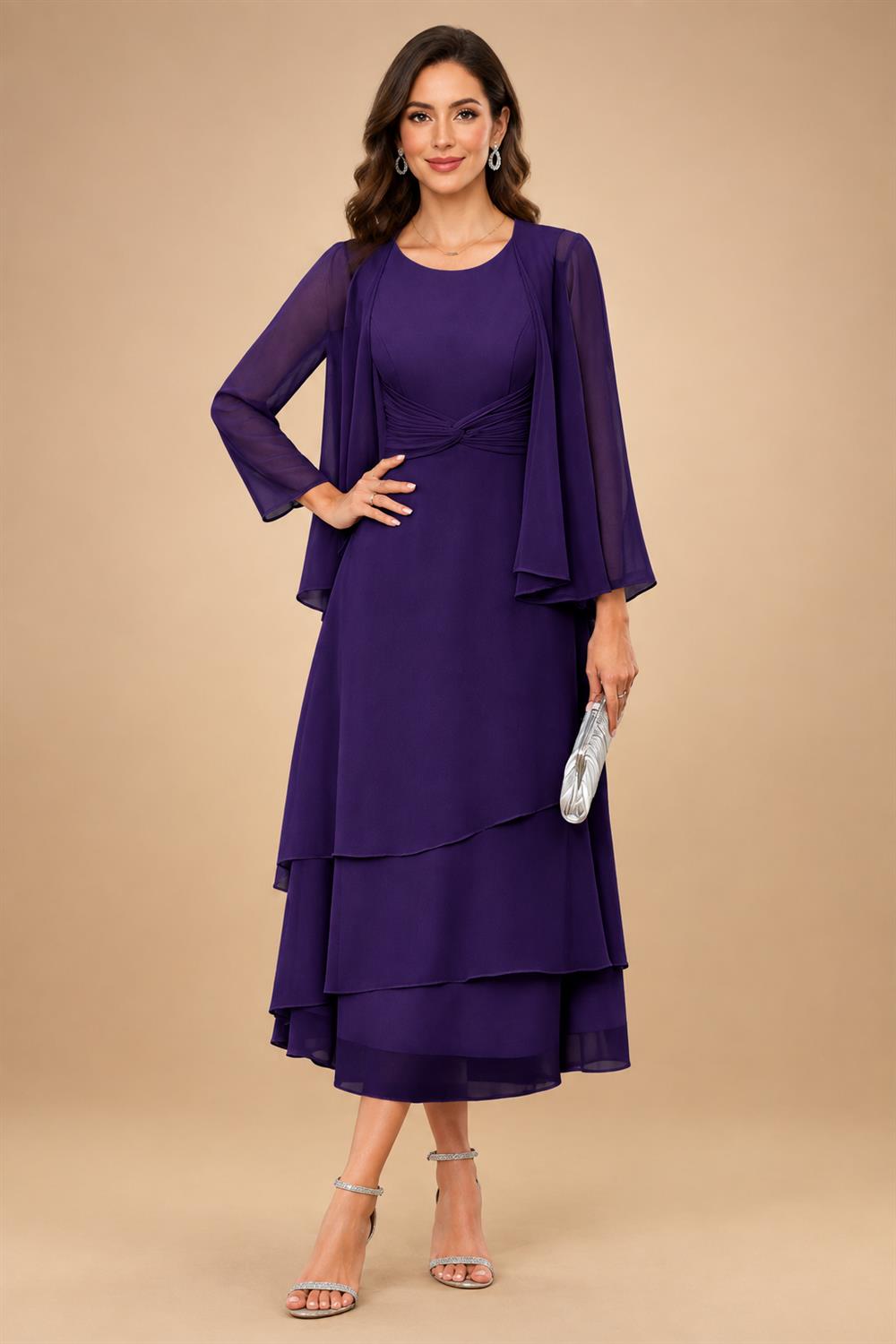 A-Line/Princess Pleated Two-Piece Tea-Length Mother of the Bride Dresses with Cascading Ruffles (SHI22500054)