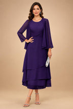 A-Line/Princess Pleated Two-Piece Tea-Length Mother of the Bride Dresses with Cascading Ruffles (SHI22500054)
