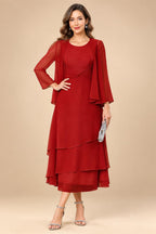 A-Line/Princess Pleated Two-Piece Tea-Length Mother of the Bride Dresses with Cascading Ruffles (SHI22500054)