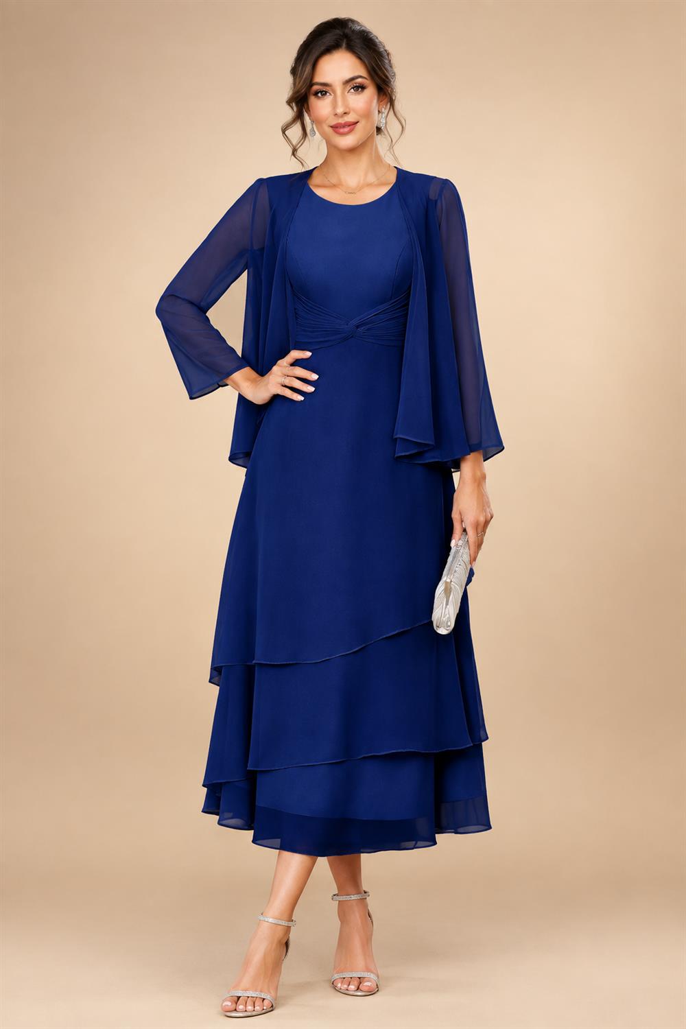 A-Line/Princess Pleated Two-Piece Tea-Length Mother of the Bride Dresses with Cascading Ruffles (SHI22500054)