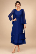 A-Line/Princess Pleated Two-Piece Tea-Length Mother of the Bride Dresses with Cascading Ruffles (SHI22500054)