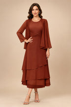 A-Line/Princess Pleated Two-Piece Tea-Length Mother of the Bride Dresses with Cascading Ruffles (SHI22500054)