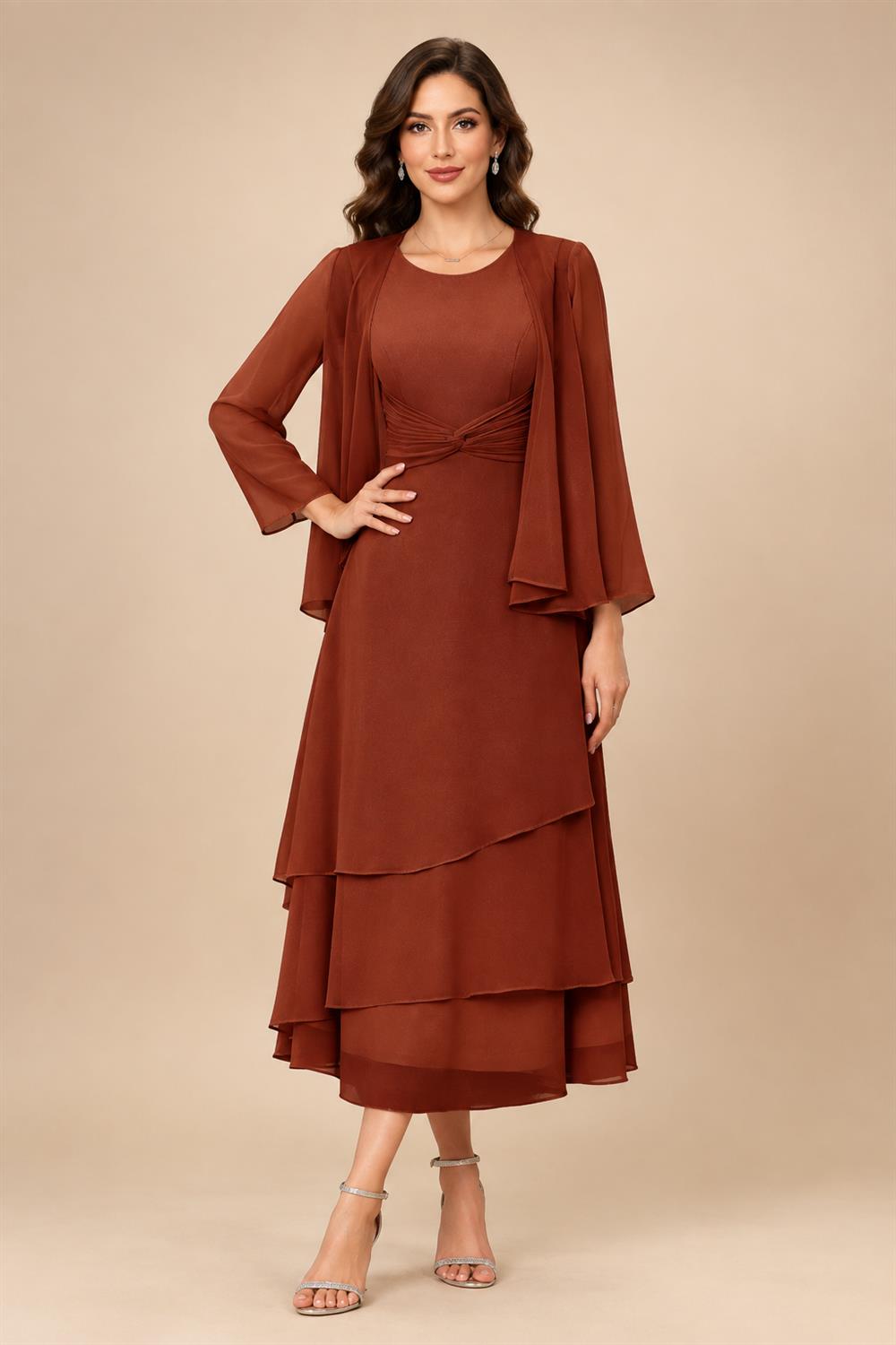 A-Line/Princess Pleated Two-Piece Tea-Length Mother of the Bride Dresses with Cascading Ruffles (SHI22500054)