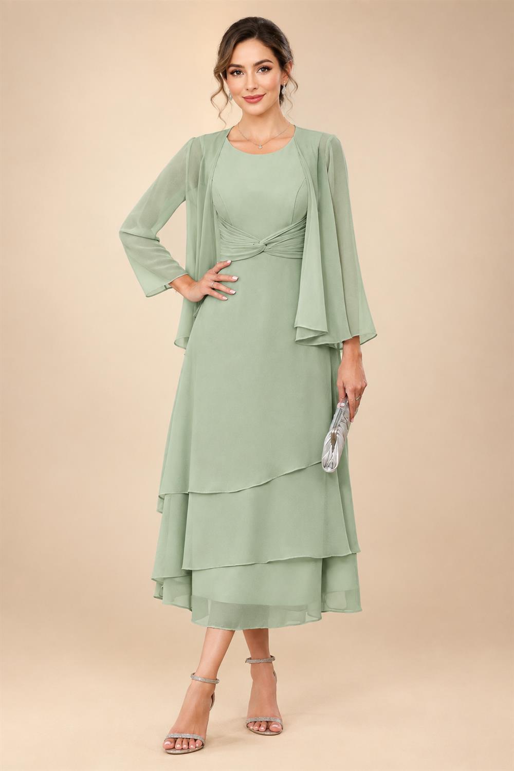 A-Line/Princess Pleated Two-Piece Tea-Length Mother of the Bride Dresses with Cascading Ruffles (SHI22500054)
